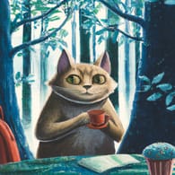 cat drinks coffee in forest, Studio Ghibli style