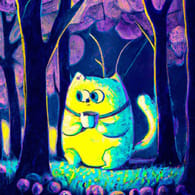 cat drinks coffee in forest, Studio Ghibli style, neon colors