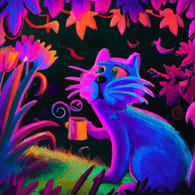 cat drinks coffee in forest, Studio Ghibli style, neon colors, medium shot, frightful»