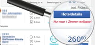 Image showing an example of a scarcity tactic in online booking, with a message indicating 'Only one room left!' (German: 'Nur noch 1 Zimmer verfügbar!'). Source : Getty Images, www.gettyimages.co.uk; screenshot Die Welt, Montage Stefan Eisenberg